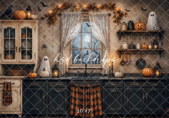 Haunted Halloween Kitchen Photography Backdrop – Spooky Fall Interior | HSD Backdrops