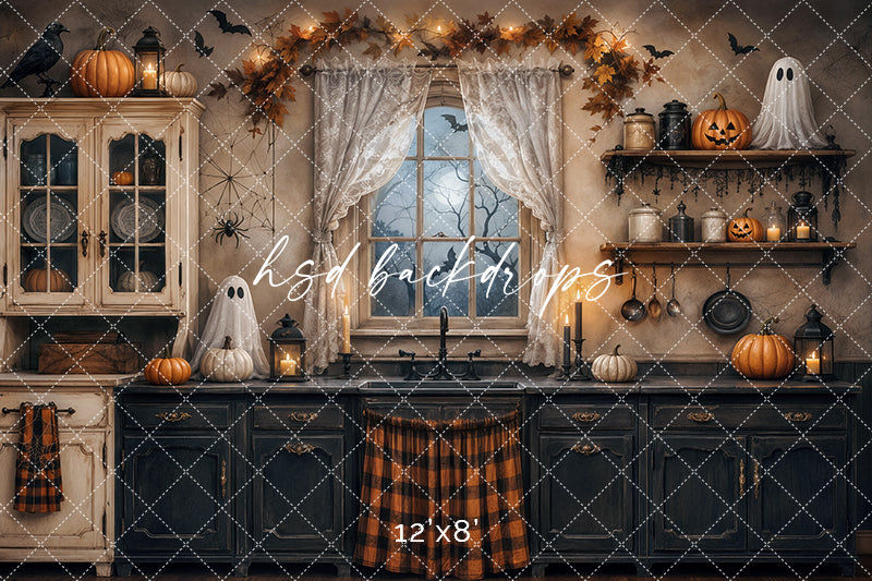 Haunted Halloween Kitchen Photography Backdrop – Spooky Fall Interior | HSD Backdrops