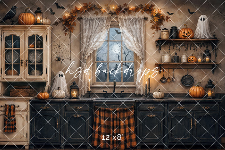 Haunted Halloween Kitchen Photography Backdrop – Spooky Fall Interior | HSD Backdrops