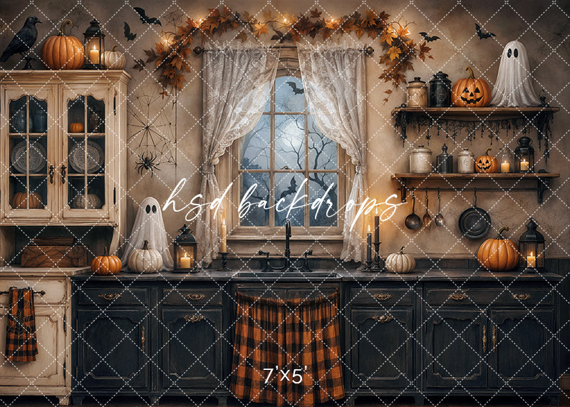 Haunted Halloween Kitchen photography backdrop with black cabinets, lace curtains, carved pumpkins, playful sheet ghosts, bats, spiderwebs, lanterns, and autumn garland.