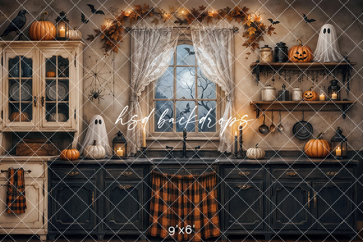 Haunted Halloween Kitchen Photography Backdrop – Spooky Fall Interior | HSD Backdrops