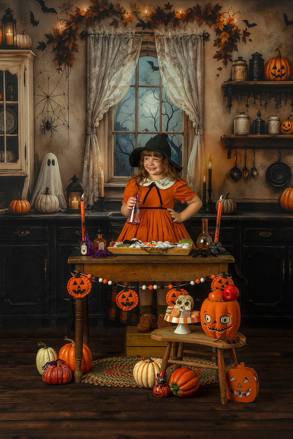 Haunted Halloween Kitchen Photography Backdrop – Spooky Fall Interior | HSD Backdrops