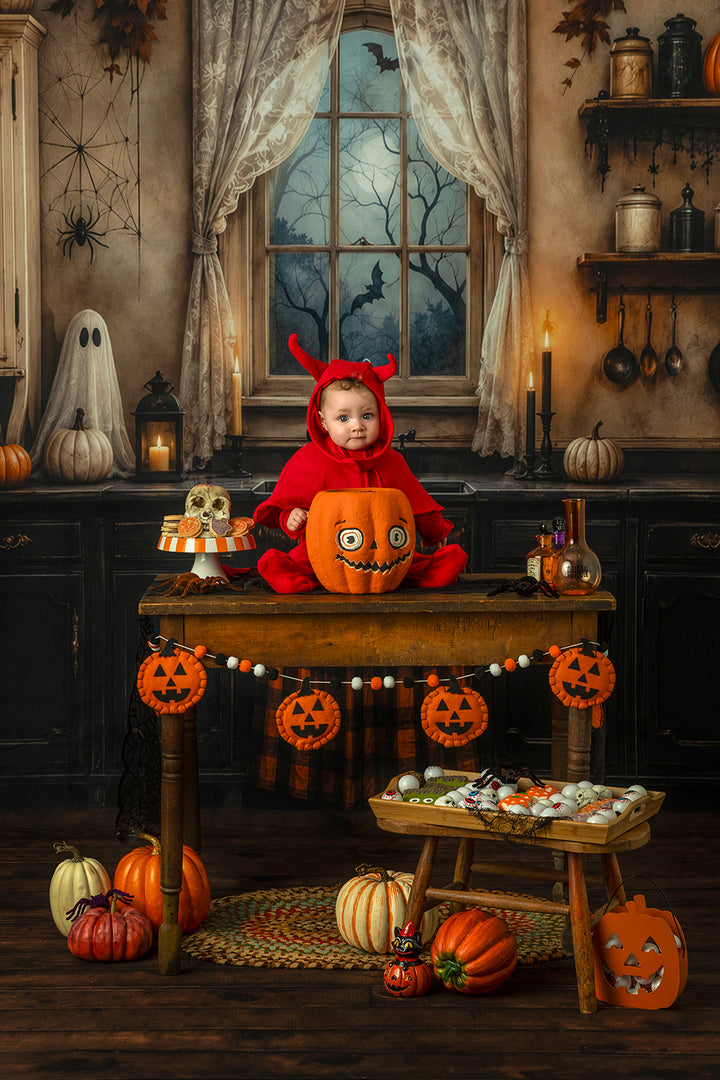 Haunted Halloween Kitchen Photography Backdrop – Spooky Fall Interior | HSD Backdrops