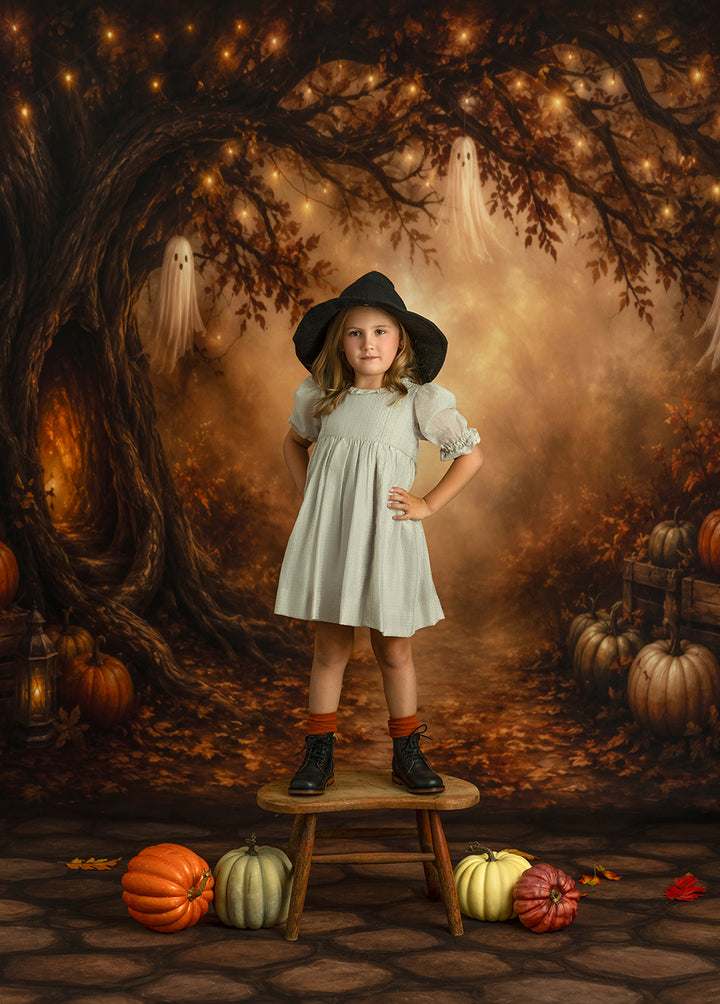 Golden Ghost Grove Photography Backdrop – Cozy Haunted Fall Scene | HSD Backdrops