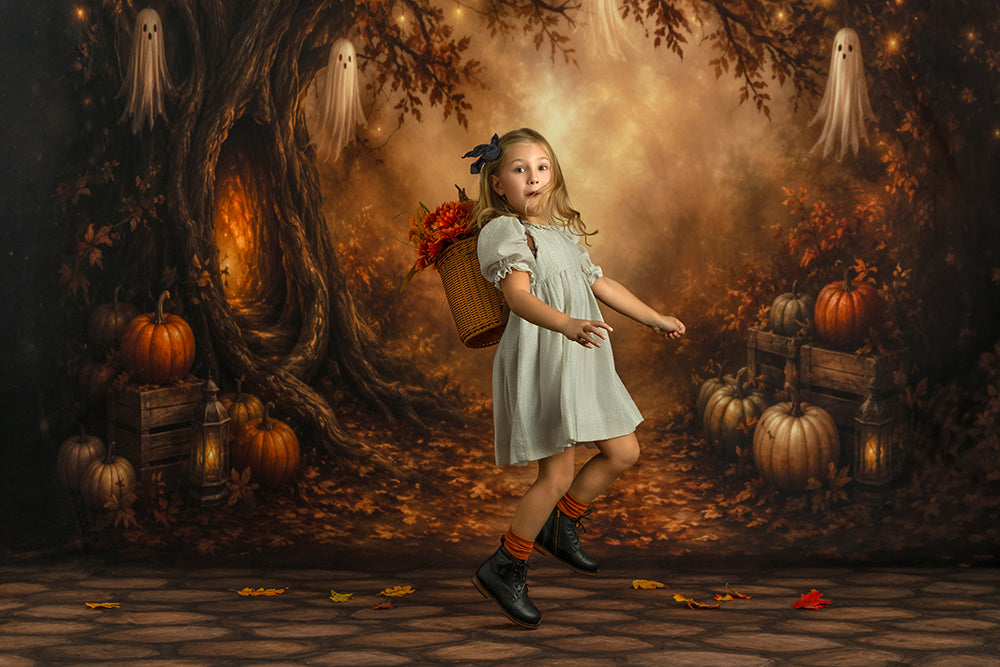 Golden Ghost Grove Photography Backdrop – Cozy Haunted Fall Scene | HSD Backdrops