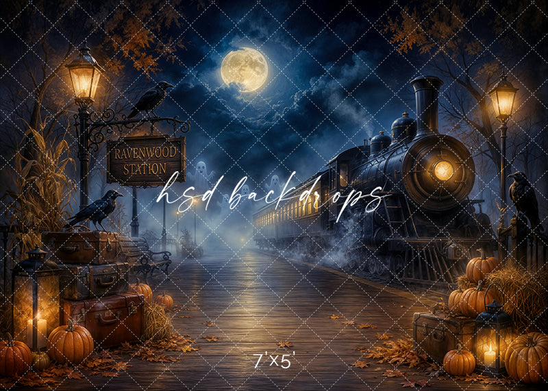 Ravenwood Express photography backdrop with a moonlit steam train, glowing lanterns, ravens, pumpkins, vintage luggage, fog, and a spooky autumn railway platform.