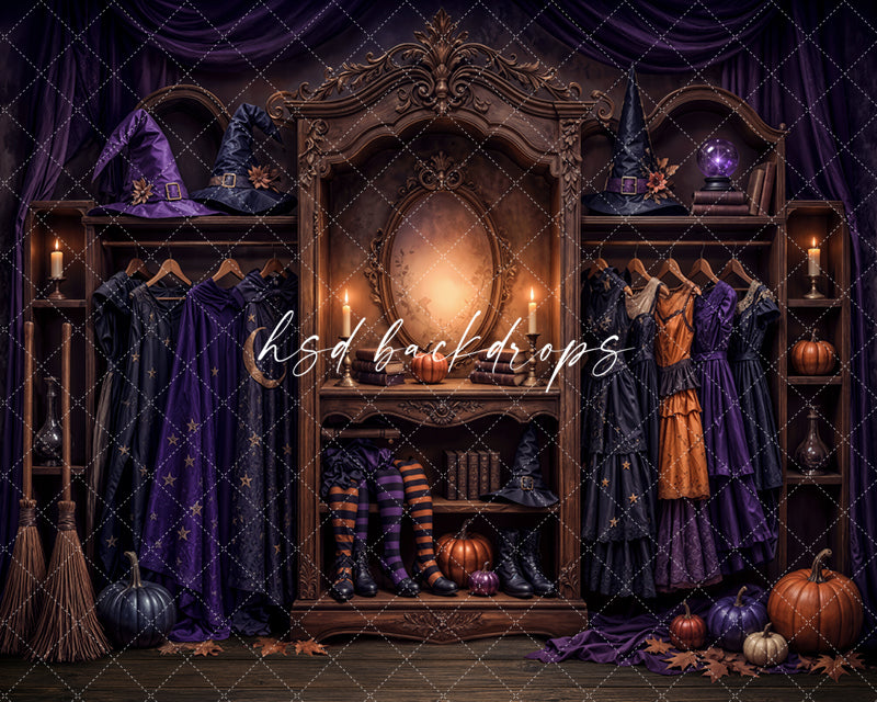 Midnight Witch Boutique Photography Backdrop – Elegant Costume Shop Setting | HSD Backdrops