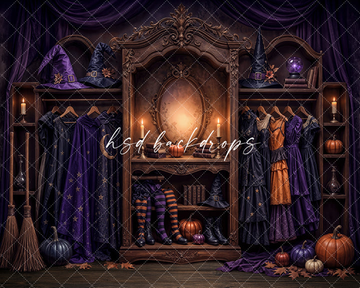 Midnight Witch Boutique Photography Backdrop – Elegant Costume Shop Setting | HSD Backdrops