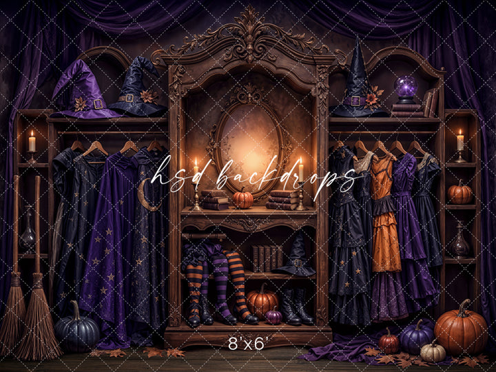 Midnight Witch Boutique Photography Backdrop – Elegant Costume Shop Setting | HSD Backdrops