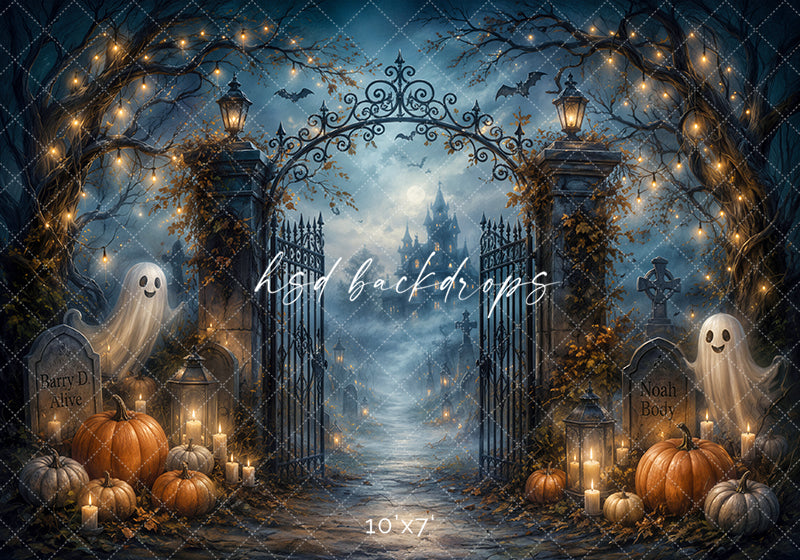 Ghostly Graveyard Entrance Photography Backdrop – Spooky Autumn Scene | HSD Backdrops