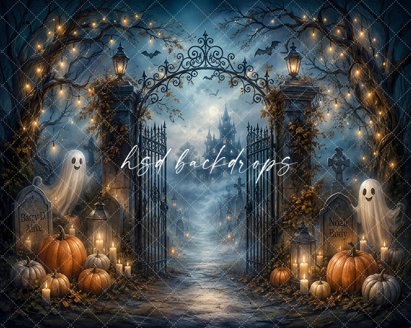Ghostly Graveyard Entrance Photography Backdrop – Spooky Autumn Scene | HSD Backdrops