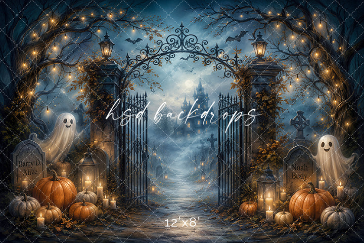 Ghostly Graveyard Entrance Photography Backdrop – Spooky Autumn Scene | HSD Backdrops