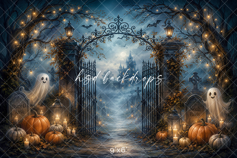 Ghostly Graveyard Entrance Photography Backdrop – Spooky Autumn Scene | HSD Backdrops