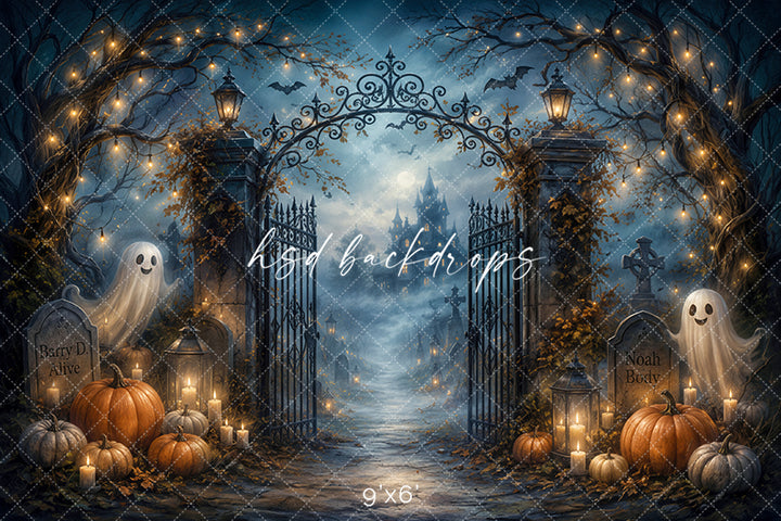 Ghostly Graveyard Entrance Photography Backdrop – Spooky Autumn Scene | HSD Backdrops