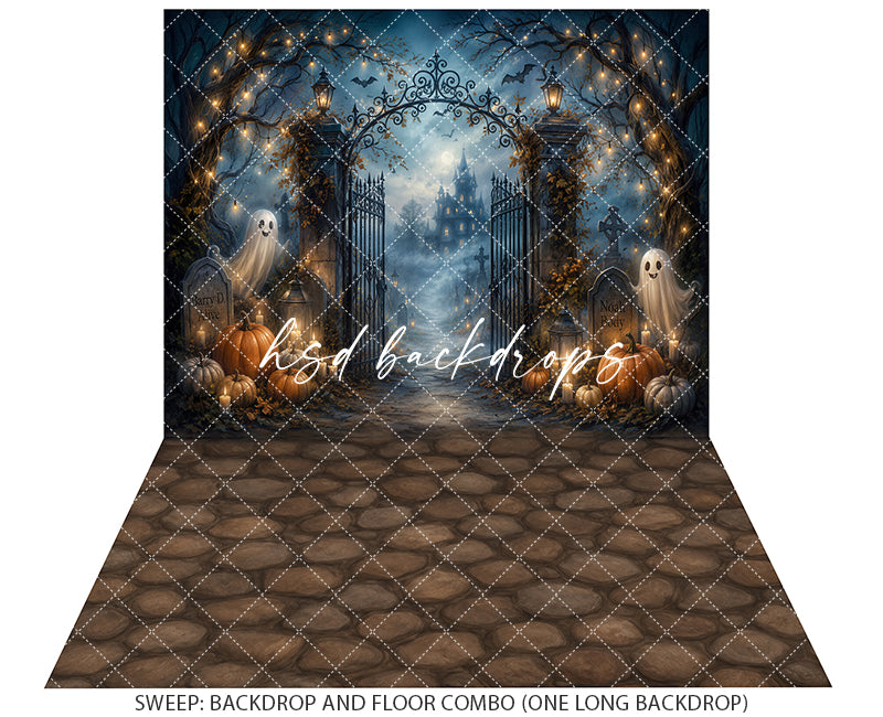 Ghostly Graveyard Entrance Photography Backdrop – Spooky Autumn Scene | HSD Backdrops