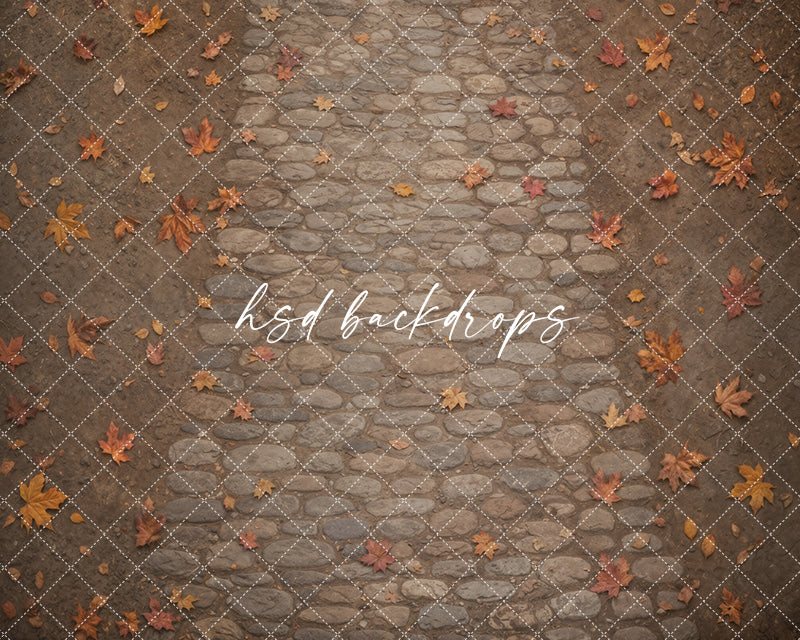 Autumn Cobblestone Path photography floor backdrop with realistic stone texture, scattered fall leaves, warm brown tones, rustic pathway details, and cozy seasonal studio floor styling.