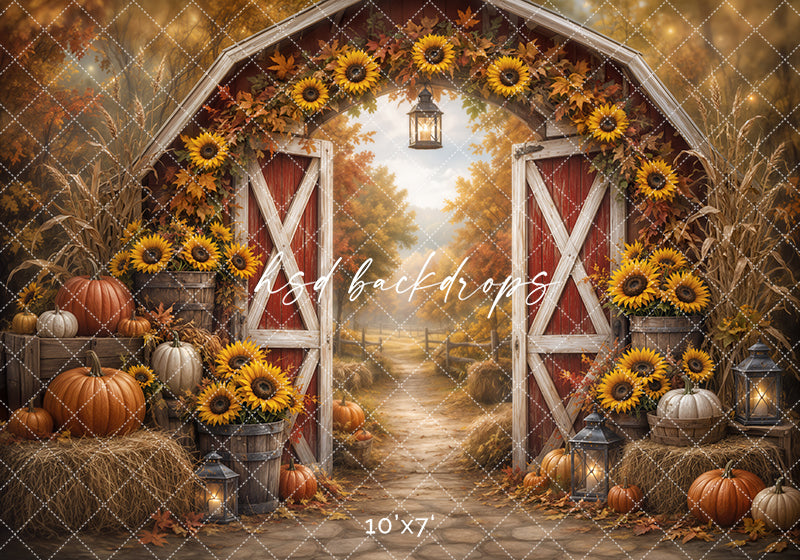 Sunflower Harvest Barn Photography Backdrop – Rustic Fall Garden Scene | HSD Backdrops