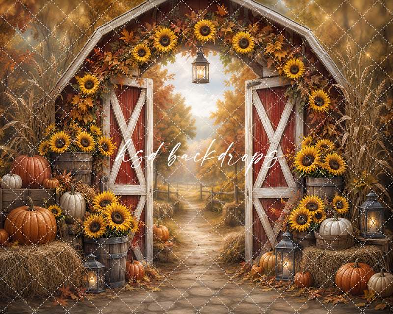 Sunflower Harvest Barn Photography Backdrop – Rustic Fall Garden Scene | HSD Backdrops