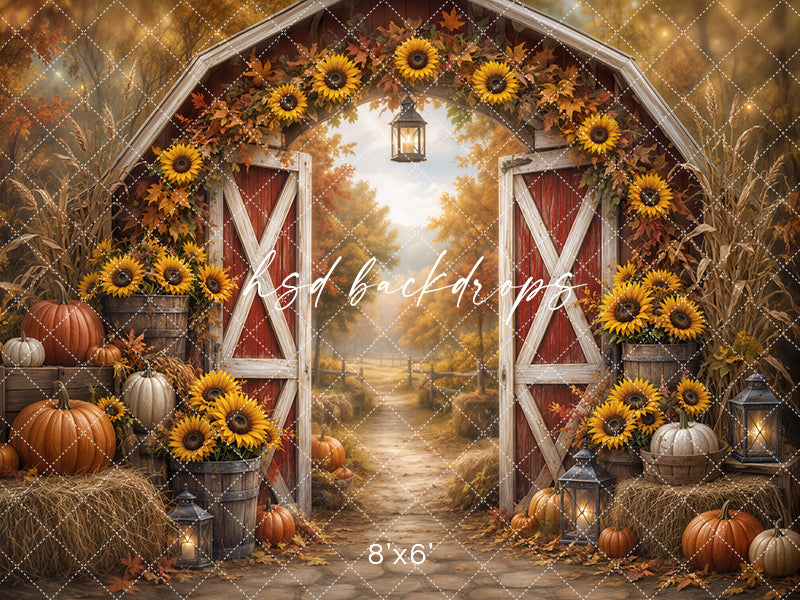 Sunflower Harvest Barn Photography Backdrop – Rustic Fall Garden Scene | HSD Backdrops
