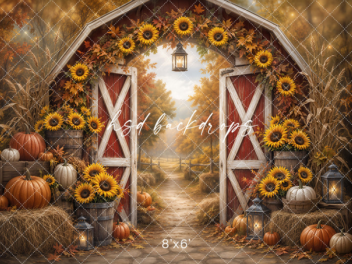 Sunflower Harvest Barn Photography Backdrop – Rustic Fall Garden Scene | HSD Backdrops