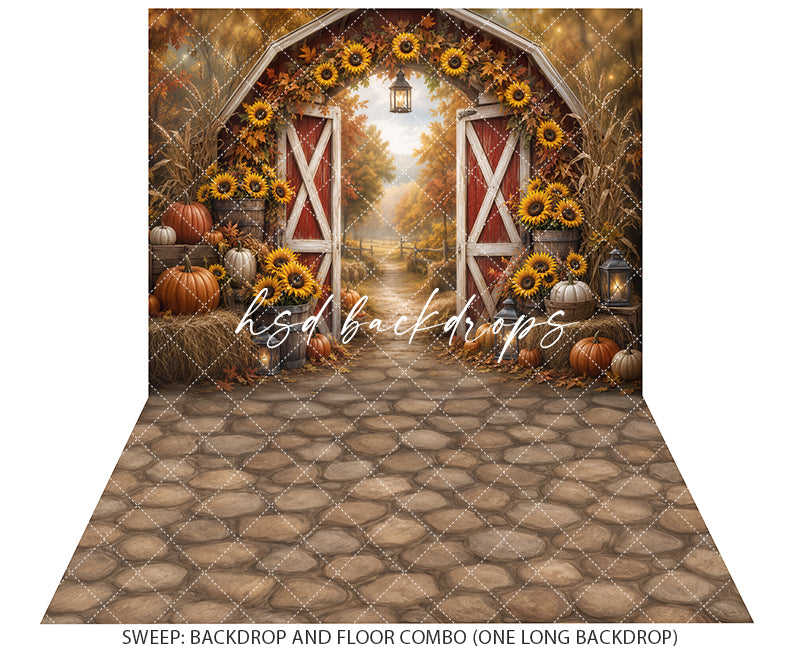 Sunflower Harvest Barn Photography Backdrop – Rustic Fall Garden Scene | HSD Backdrops