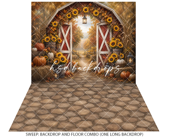 Sunflower Harvest Barn Photography Backdrop – Rustic Fall Garden Scene | HSD Backdrops