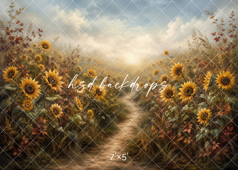 Golden Sunflower Meadow photography backdrop with a warm fall pathway, blooming sunflowers, layered meadow grasses, soft autumn foliage, glowing sky, and painterly harvest styling.