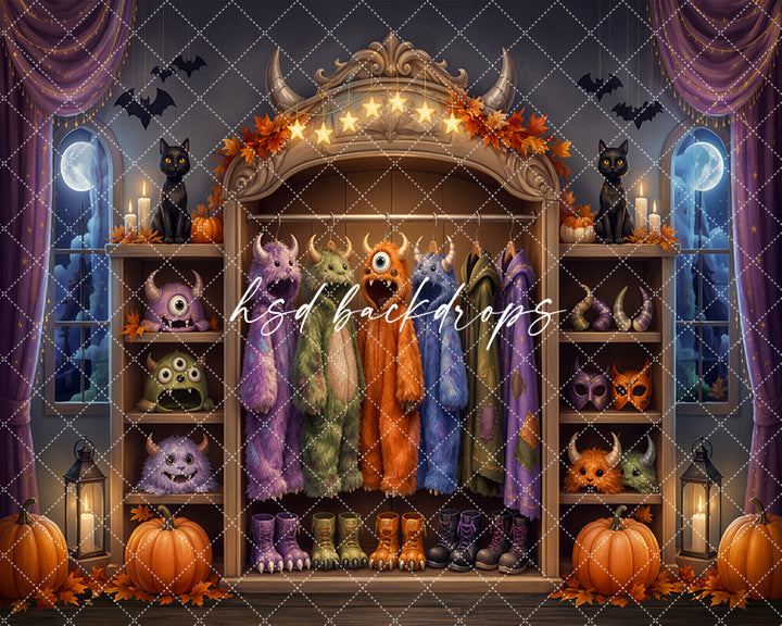 Monster Costume Closet Photography Backdrop – Whimsical Halloween Studio Scene | HSD Backdrops