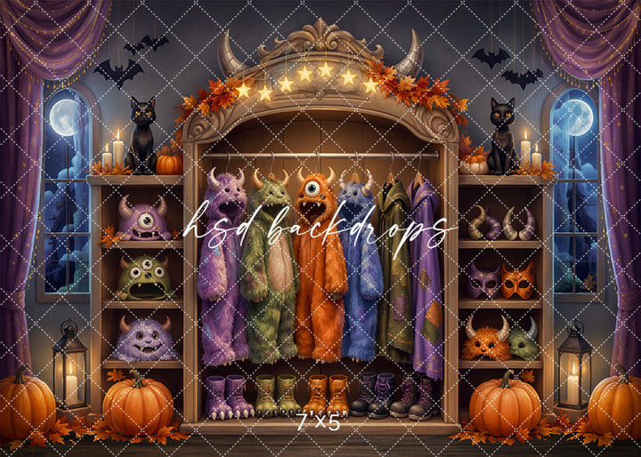Monster Costume Closet photography backdrop with colorful monster costumes, silly masks, pumpkins, bats, black cats, glowing lanterns, moonlit windows, purple drapes, and whimsical Halloween studio styling.