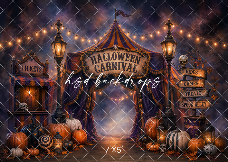 Spooky Carnival Entrance photography backdrop with Halloween carnival tent, glowing string lights, ticket booth, pumpkins, lanterns, skull accents, bats, carnival signs, and moody fall festival styling.