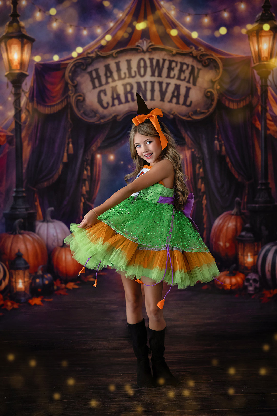 Halloween carnival festival portrait backdrop with moody carnival entrance, string lights, pumpkins, lanterns, dark purple drapes, and spooky fall festival details.