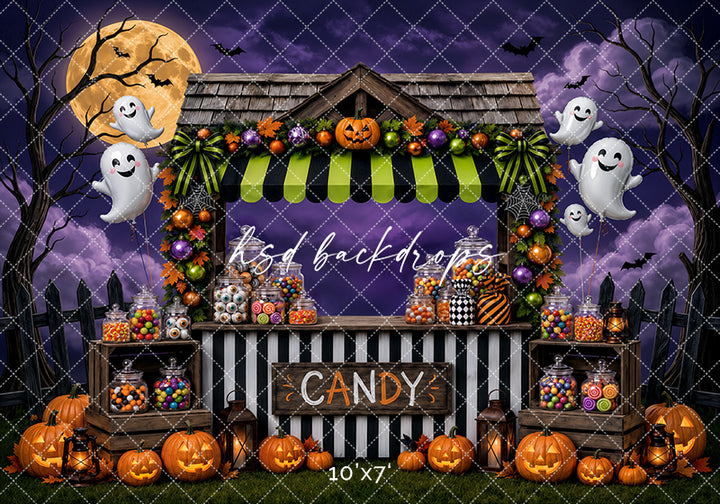 Halloween Candy Stand Photography Backdrop – Spooky Treat Shop Scene | HSD Backdrops