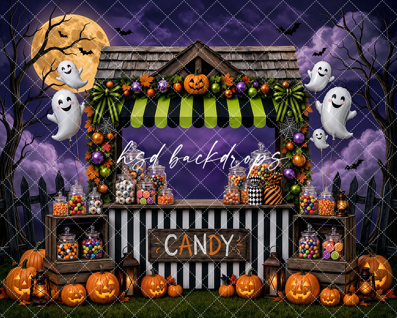 Halloween Candy Stand Photography Backdrop – Spooky Treat Shop Scene | HSD Backdrops