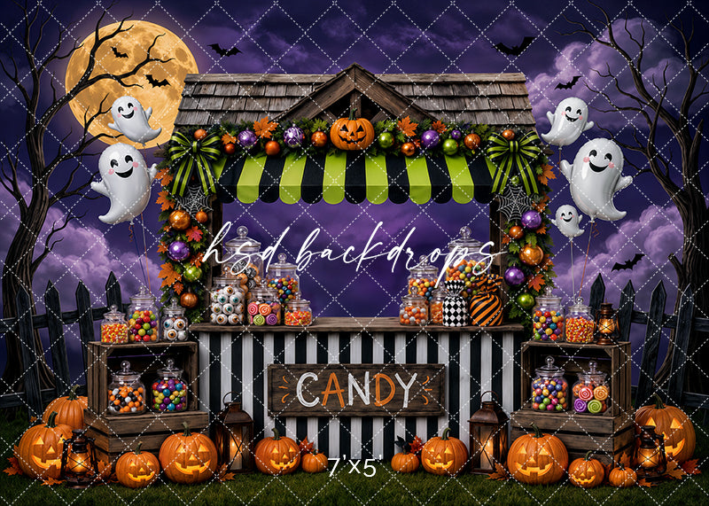 Halloween Candy Stand photography backdrop with spooky candy booth, friendly ghost balloons, glowing jack-o’-lanterns, colorful candy jars, lanterns, full moon, bats, and whimsical trick-or-treat styling.