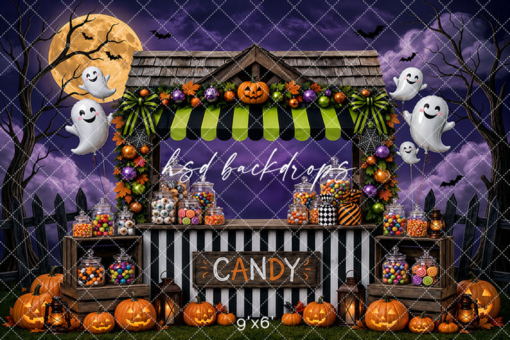 Halloween Candy Stand Photography Backdrop – Spooky Treat Shop Scene | HSD Backdrops