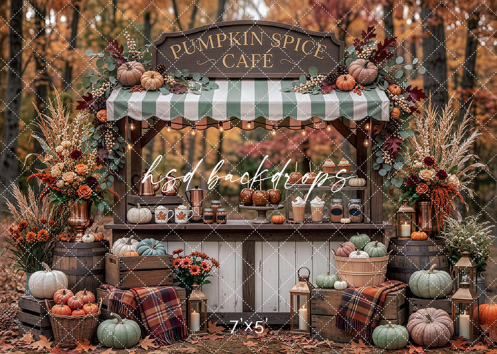 Pumpkin Spice Cafe photography backdrop with rustic fall cafe stand, striped canopy, pumpkins, lanterns, plaid blankets, fall florals, wooden crates, autumn leaves, and cozy harvest market styling.