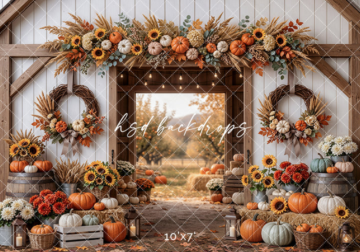 Autumn Barnway Photography Backdrop – Rustic Pumpkin Harvest Scene | HSD Backdrops