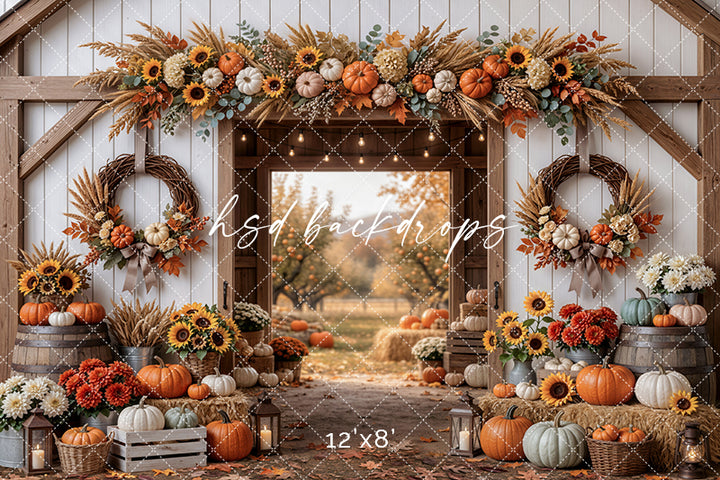 Autumn Barnway Photography Backdrop – Rustic Pumpkin Harvest Scene | HSD Backdrops