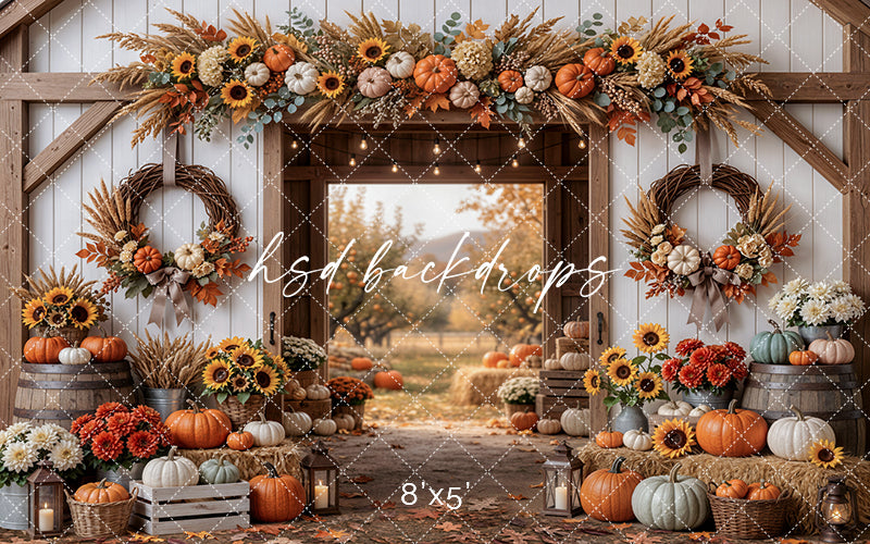 Autumn Barnway Photography Backdrop – Rustic Pumpkin Harvest Scene | HSD Backdrops