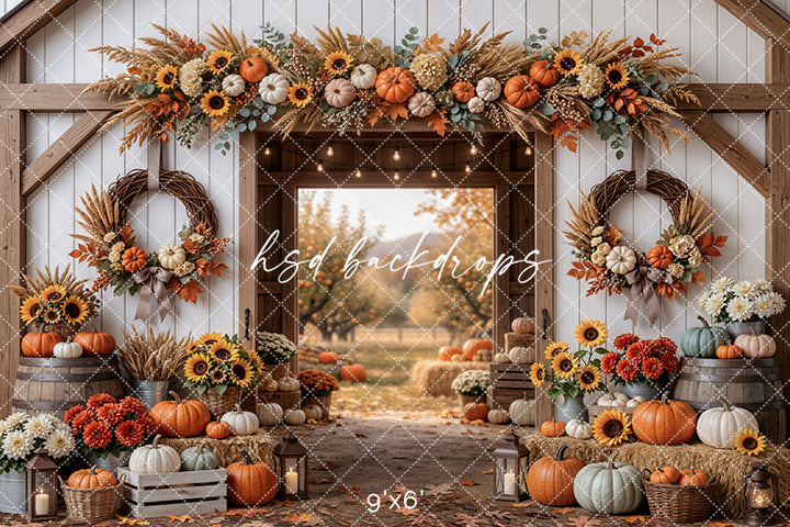 Autumn Barnway Photography Backdrop – Rustic Pumpkin Harvest Scene | HSD Backdrops