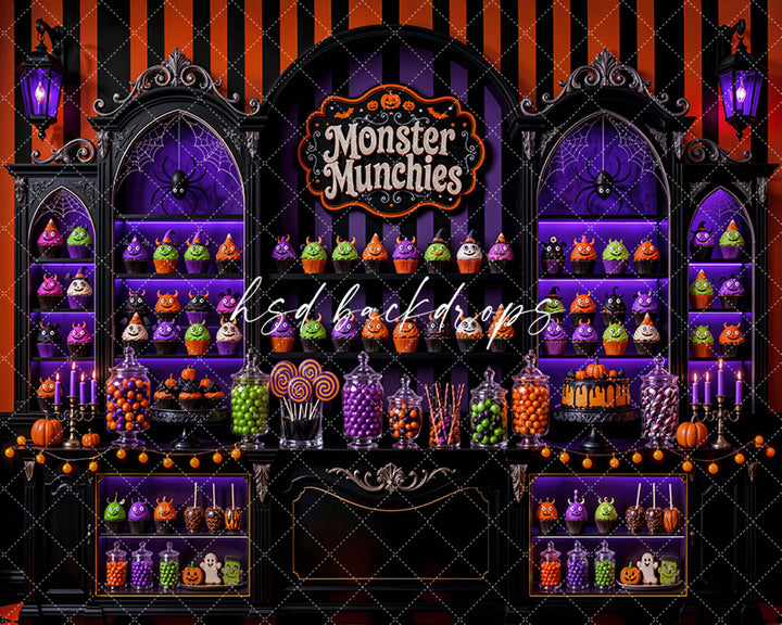 Monster Munchies Halloween Photography Backdrop – Spooky Sweet Shop Scene | HSD Backdrops