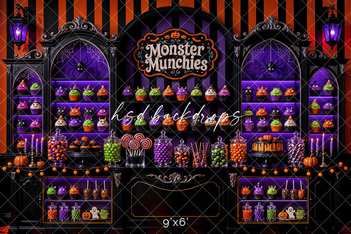 Monster Munchies Halloween Photography Backdrop – Spooky Sweet Shop Scene | HSD Backdrops