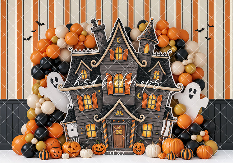 Pumpkin Ghost Manor Photography Backdrop – Whimsical Halloween Portrait Scene | HSD Backdrops