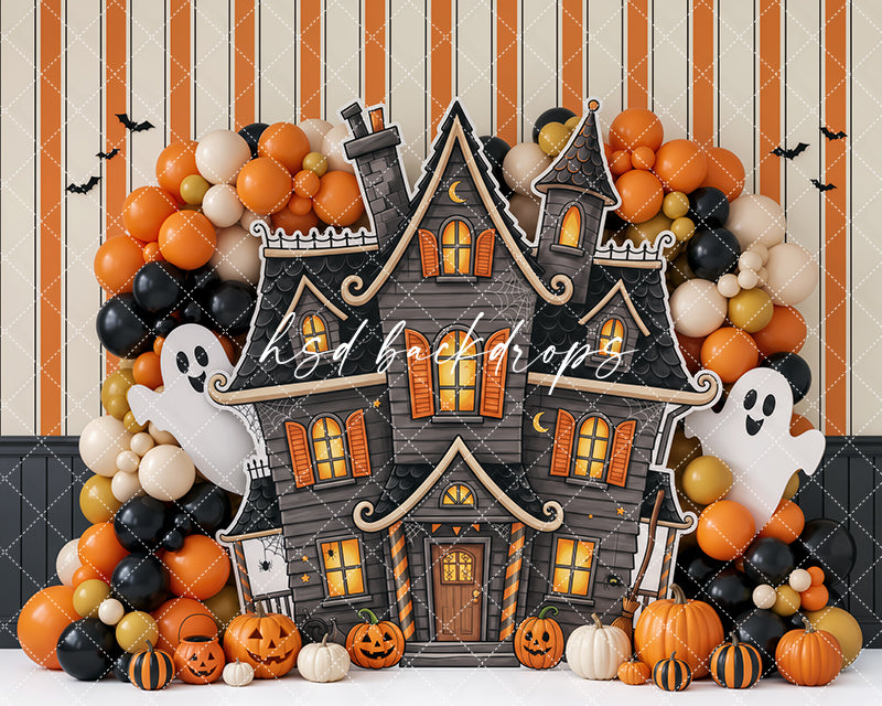 Pumpkin Ghost Manor Photography Backdrop – Whimsical Halloween Portrait Scene | HSD Backdrops