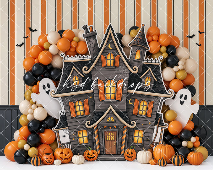 Pumpkin Ghost Manor Photography Backdrop – Whimsical Halloween Portrait Scene | HSD Backdrops