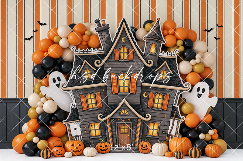 Pumpkin Ghost Manor Photography Backdrop – Whimsical Halloween Portrait Scene | HSD Backdrops
