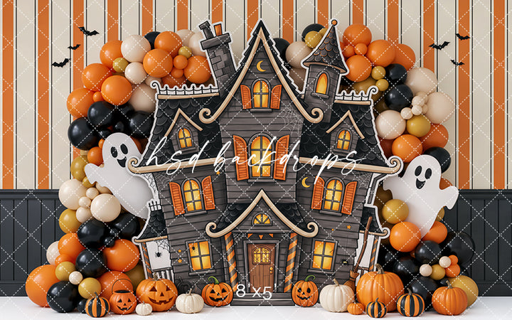 Pumpkin Ghost Manor Photography Backdrop – Whimsical Halloween Portrait Scene | HSD Backdrops