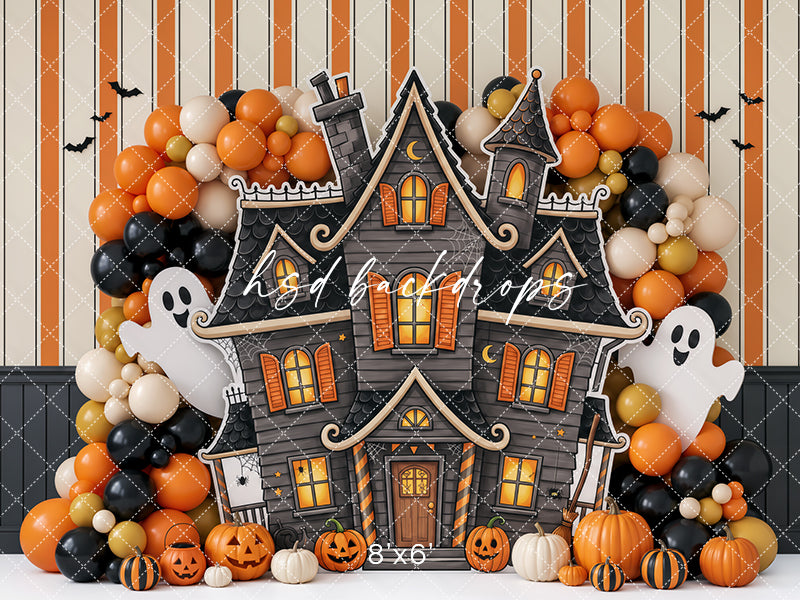 Pumpkin Ghost Manor Photography Backdrop – Whimsical Halloween Portrait Scene | HSD Backdrops