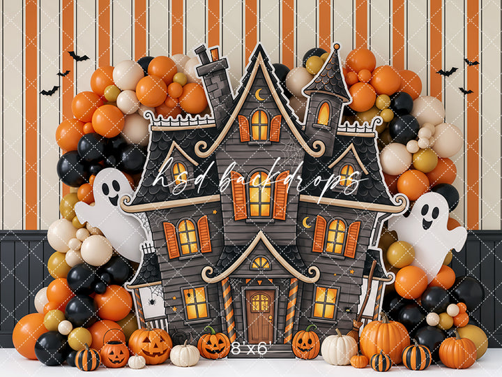 Pumpkin Ghost Manor Photography Backdrop – Whimsical Halloween Portrait Scene | HSD Backdrops