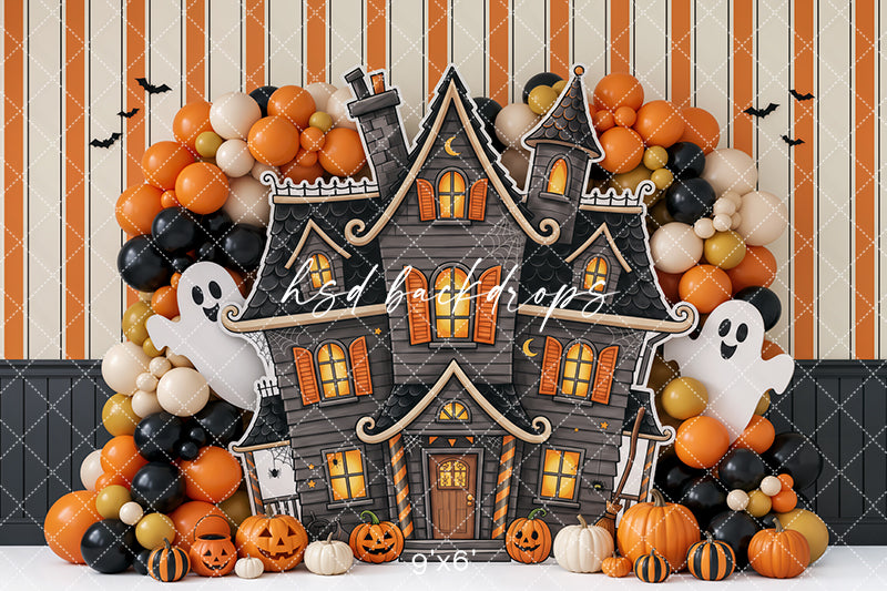 Pumpkin Ghost Manor Photography Backdrop – Whimsical Halloween Portrait Scene | HSD Backdrops